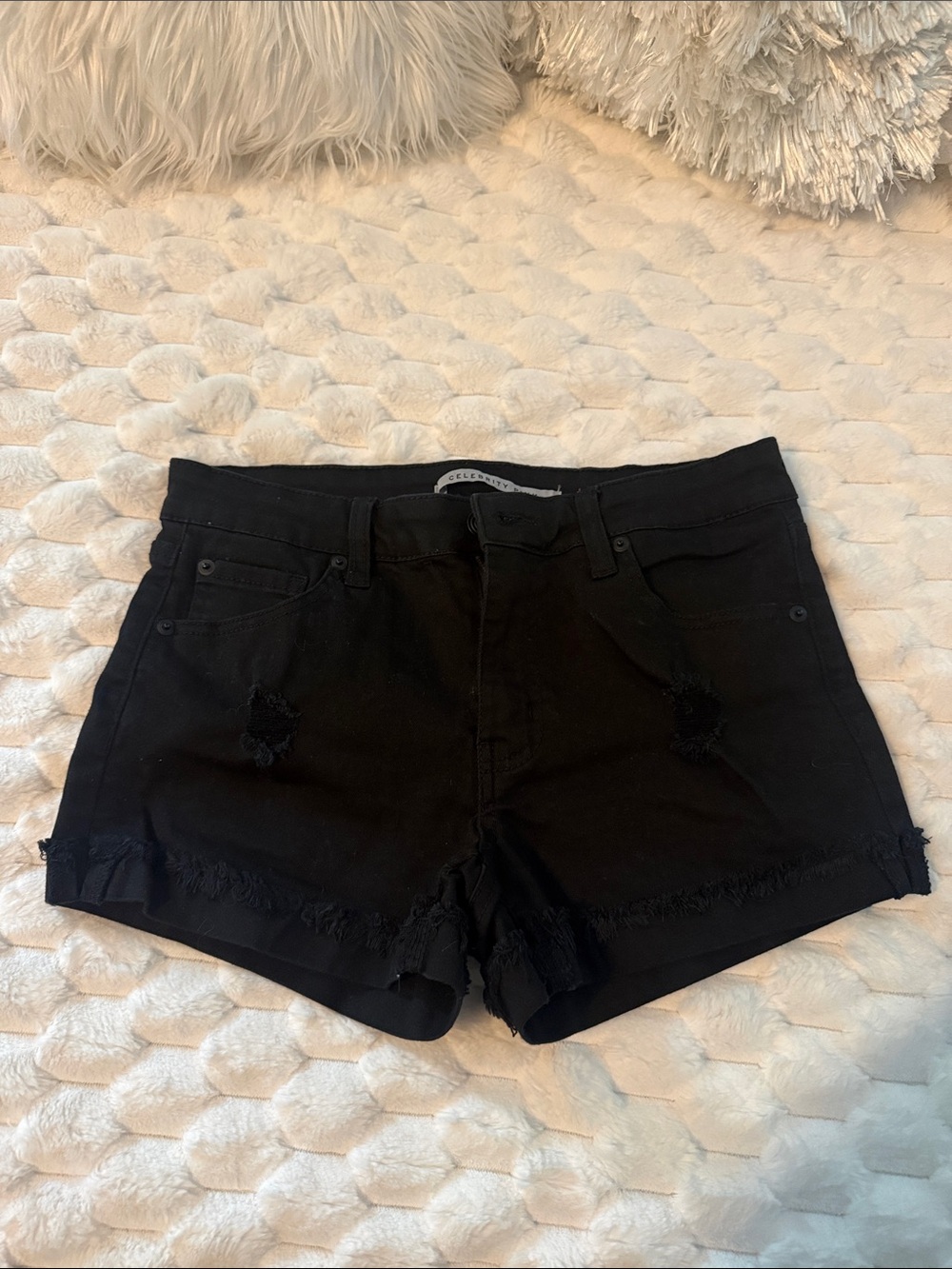 Celebrity Pink Black Distressed Frayed Hem Denim Shorts